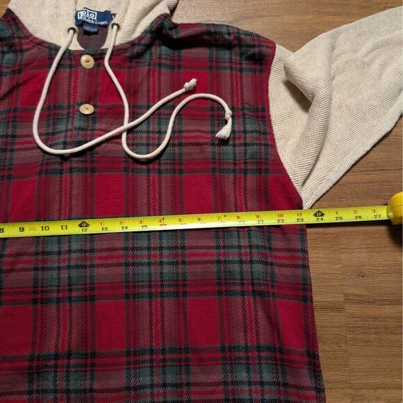 VTG Polo Ralph Lauren Men's L Plaid Tan 1/4 button Hoodie Pullover Shirt USA